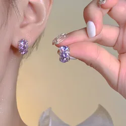 Inlaid Purple Zircon C-shaped Stud Earrings Women's Simple Fashion Summer Accessories Party Jewelry Birthday Anniversary Gifts