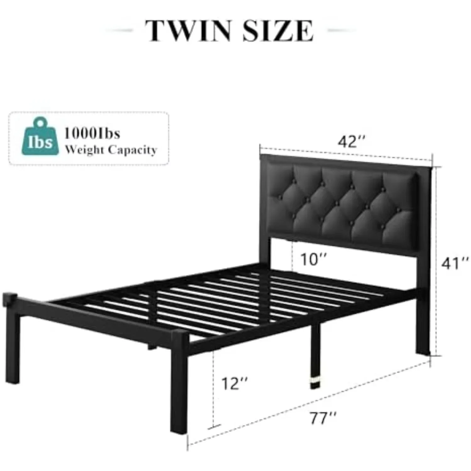 Twin Size Metal Bed Frame, Faux Leather Platform Bed Frame with Button Tufted Headboard, 12