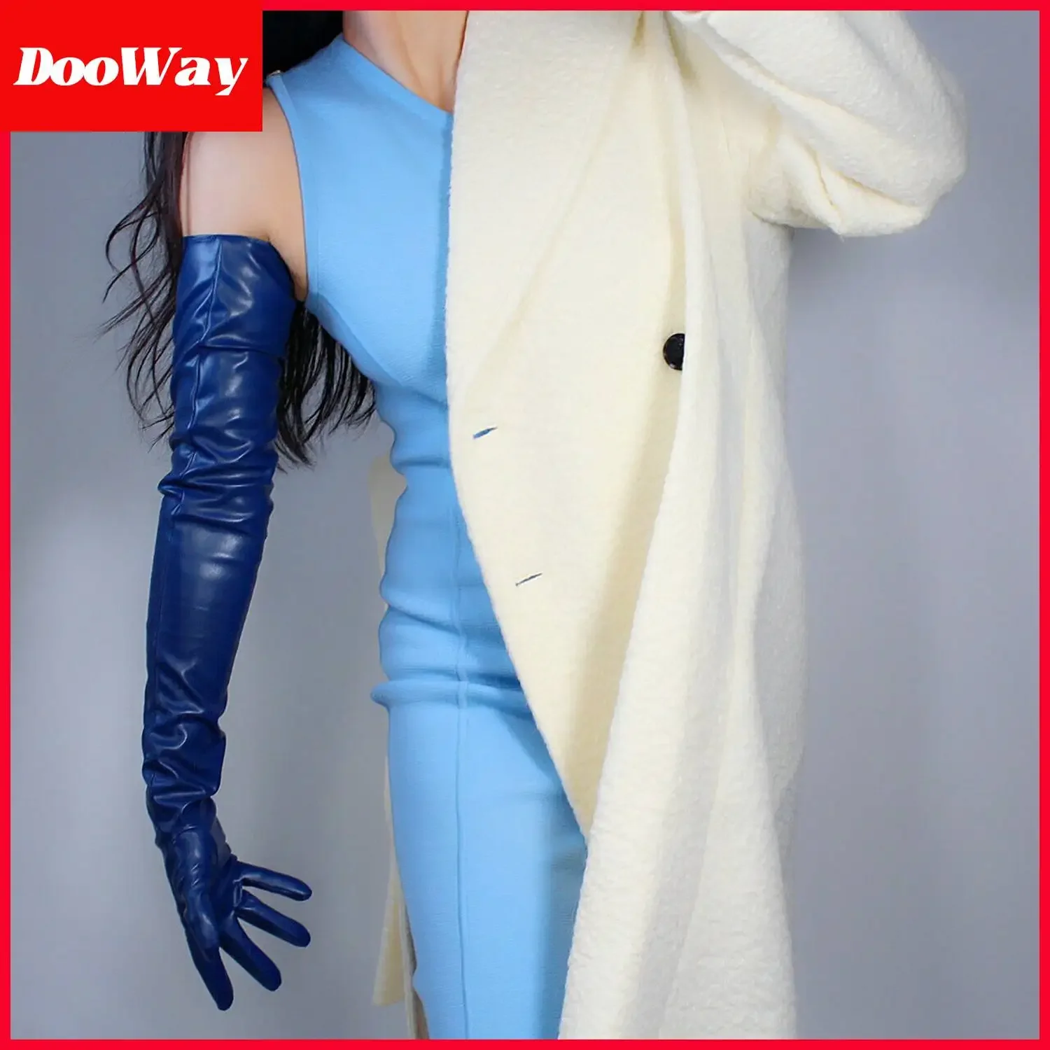 DooWay Women Navy Blue Opera Gloves Super Long 70cm Faux Leather for Evening Party Formal Event Warm Glove Cosplay Show Costume