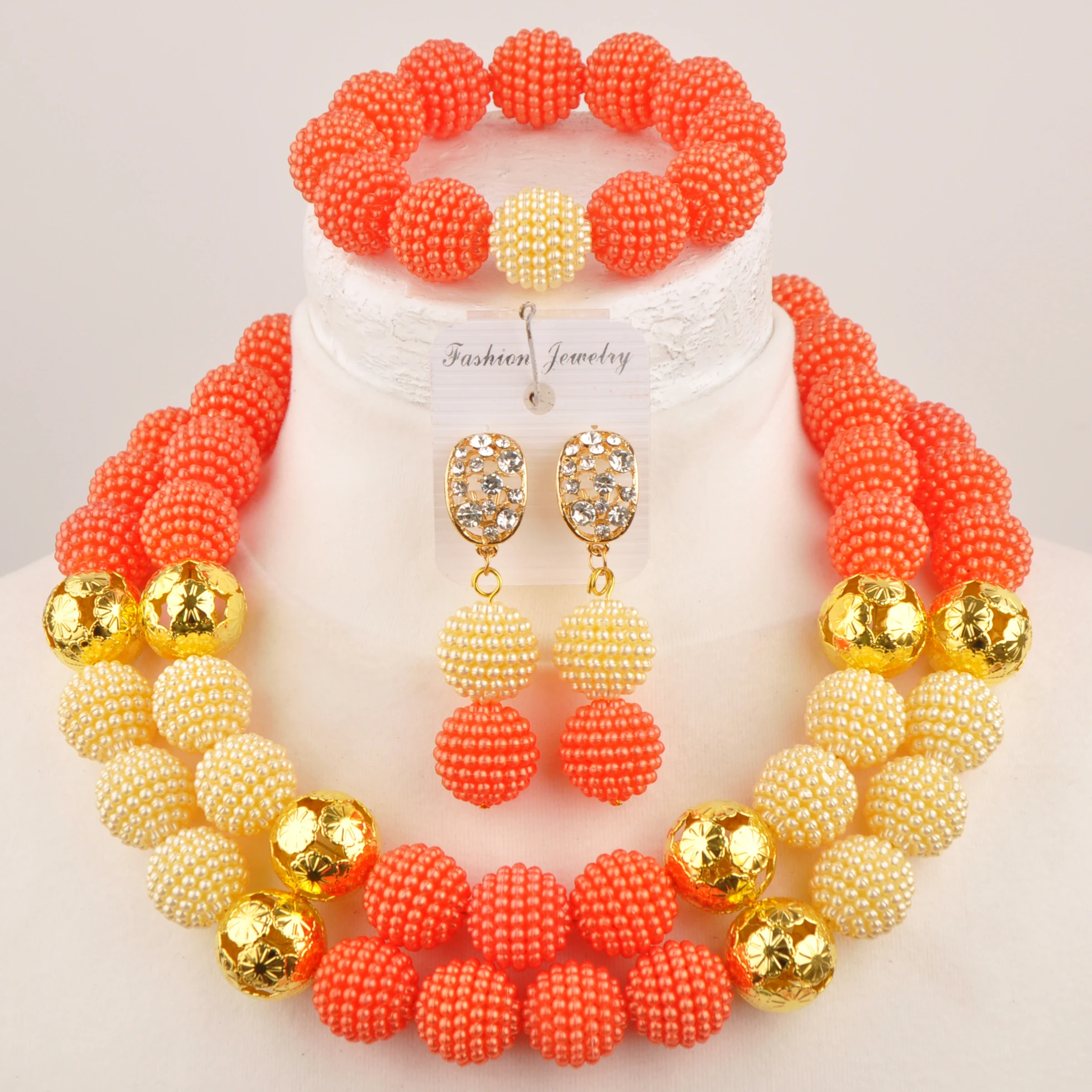 

Laanc Costume Necklace Orange-Beige Nigerian Wedding Beads African Jewelry Set