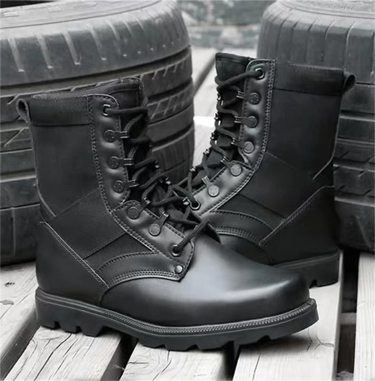 High Top Black Leather Tactical Boots Men\'s Outdoor Hunting Shoes Waterproof Breathable Steel Head Hiking Training Boots