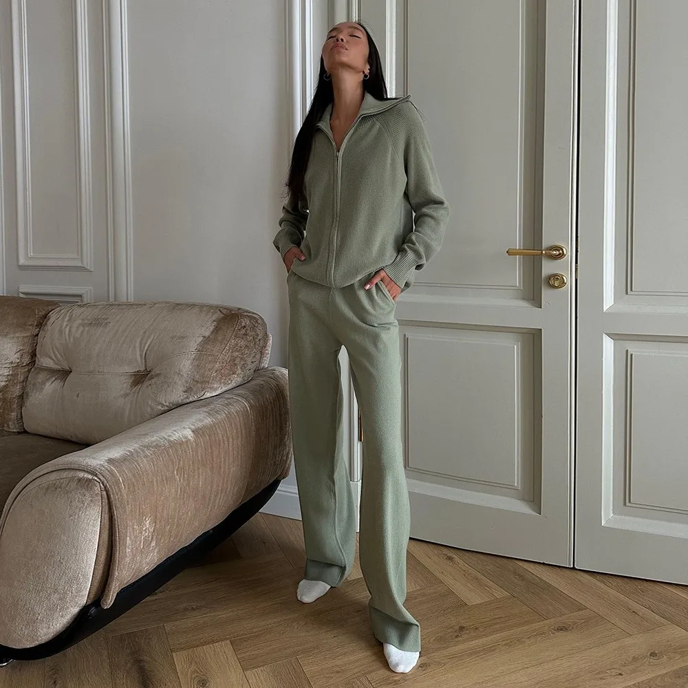 

Elegant Zipper Cardigan Sweater Wide Leg Pants Suit Autumn and Winter Women Simple Solid Warm Soft Jacket Straight Pants 2pcs