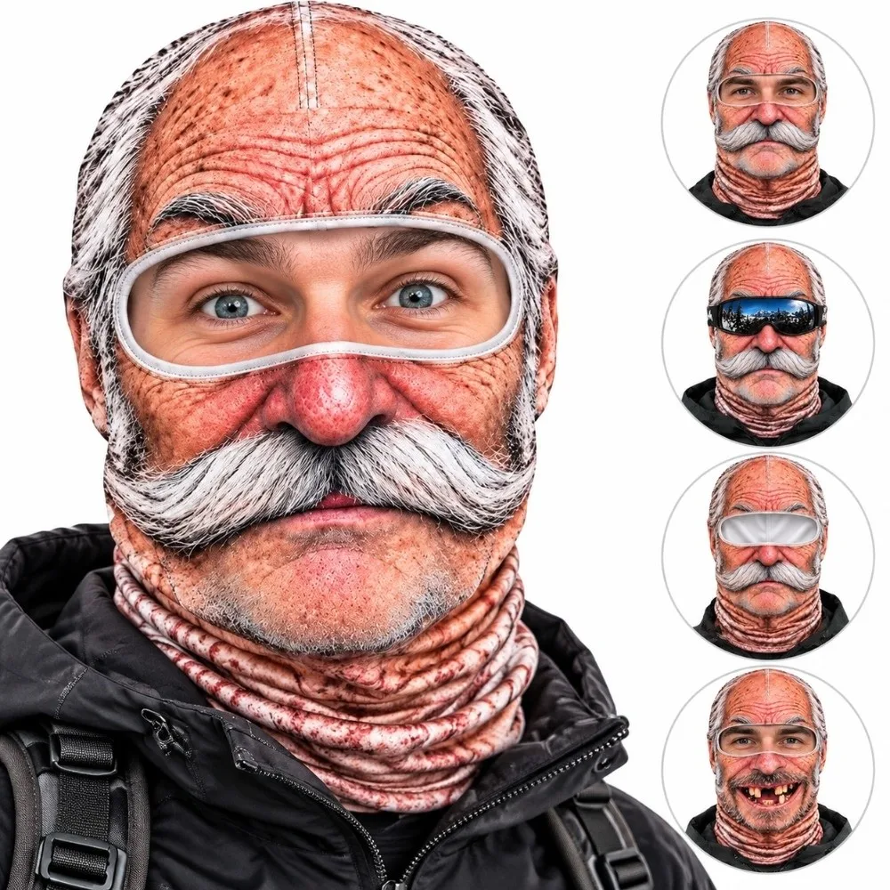 3D Face Printed Old Man Balaclava White Mustache Breathable Eye Hole Face Mask Stretch Elastic Winter Mask Cover