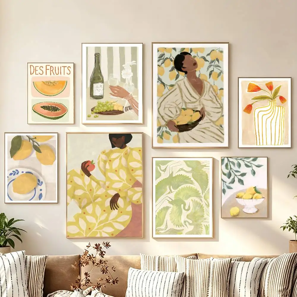 Retro Pajama Girl Lemon Flowers Vase Abstract Poster Self-adhesive Art Room Entrance Restaurant Wall Decor Art Painting