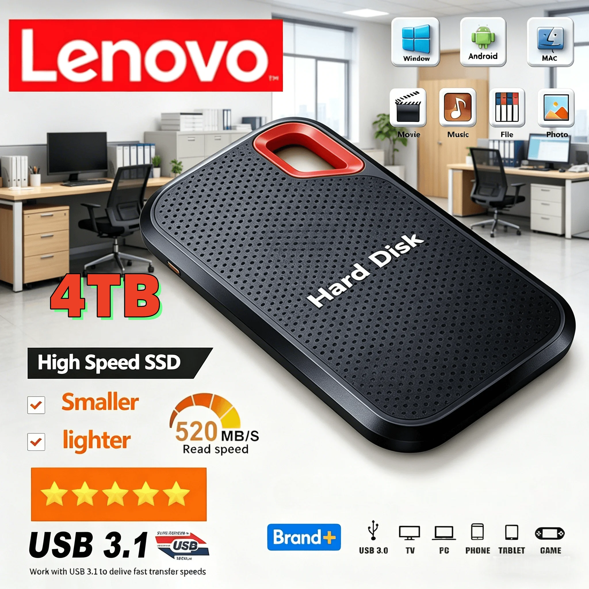 

New Lenovo Hard Disk Mobile SSD E61 2TB 4TB USB 3.1HDExternal Hard for Laptop PS5 Mobile Hard Disk HDD Storage Devices