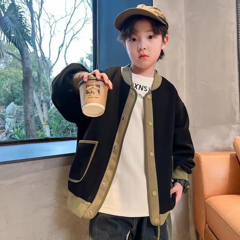 2025 New Boys Baseball Jacket Medium Large Kids Spring Autumn Stylish Casual Jacket with Hood Zipper Cotton Blend