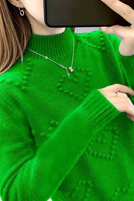 

Women's Green Oversized Turtleneck Sweater New Spring Autumn Long Sleeve Knitted Pullover Stylish Basic Top for Petite Ladies
