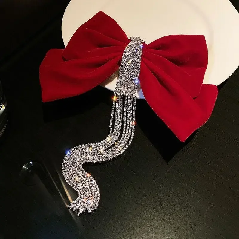 

Red Velvet Hair Clips Bowknow Diamond Rhinestones Tassel Hair Clip Bridal Hair Accessories Spring Clips Hair Styling Tools Black