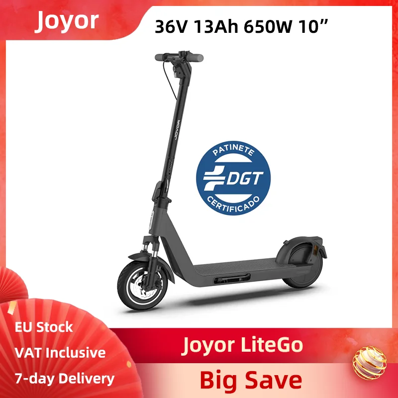 Joyor LiteGo Electric Scooter 36V 13 Ah Battery 650W Max Power Motor 10 Inch Air Tyre Integrated Padlock IPX5 Waterproof