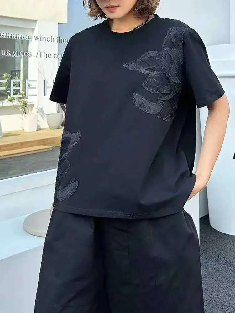 

Embroidery Women Black Patch Big Size Casual T-shirt New Round Neck Short Sleeve Fashion Spring Summer 2026 H5L4