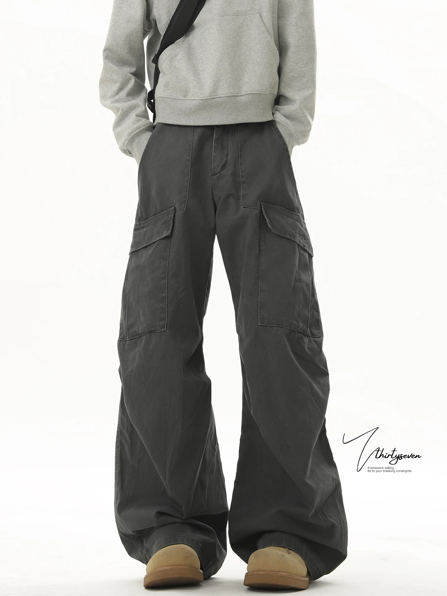 

American Retro Waed Woout Pants Men's Loose Folded Design Sports Casual Trousers Autumn New Sle Multi-ket Leisure Pants