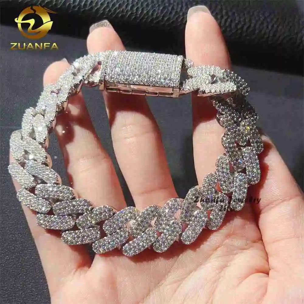 Hop Hip Style Iced Out 16mm Three Row 925 Silver Moissanite Cuban Link Chain Bracelet for Men.