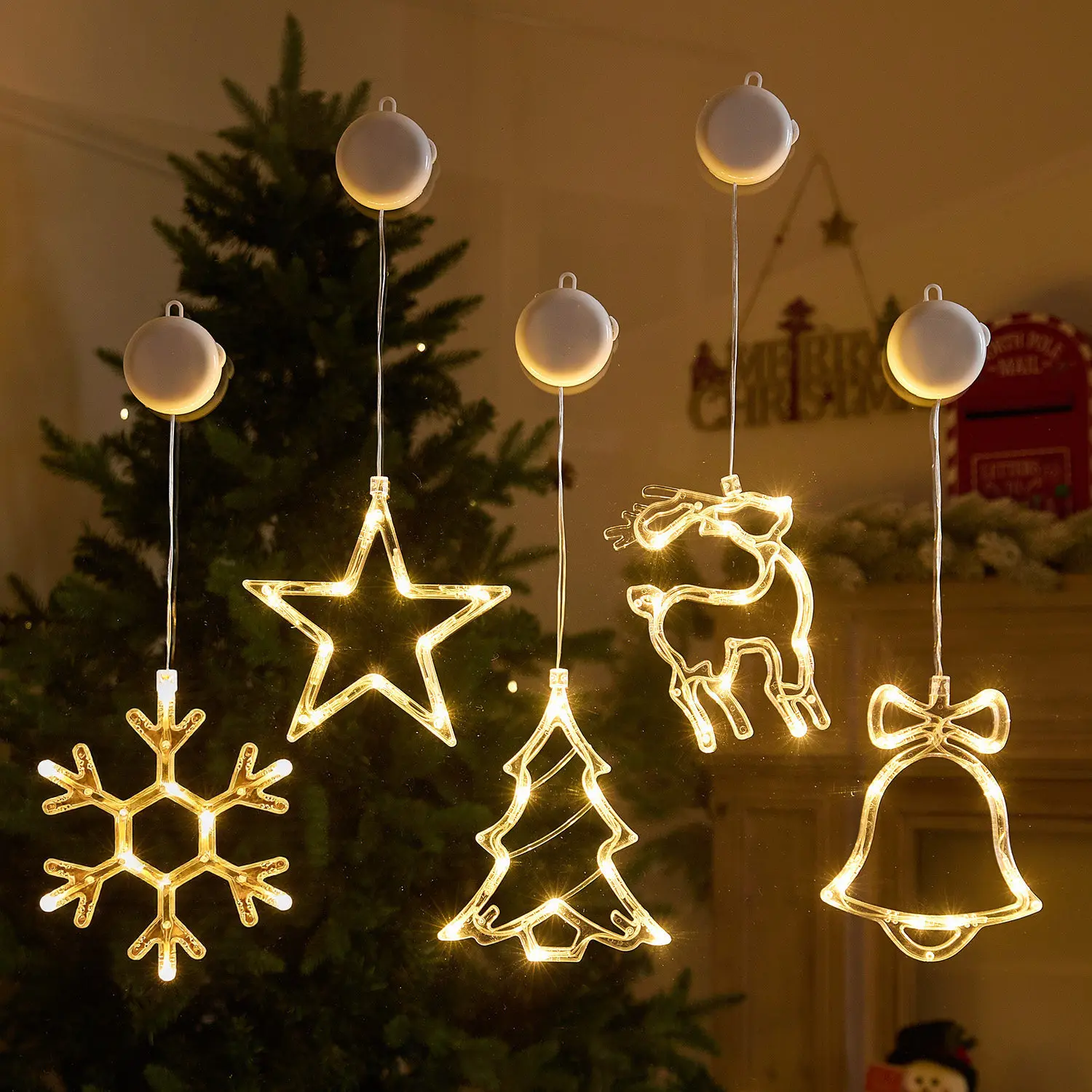 Christmas Suction Cup Lights Window Decoration Santa Claus Snowman Elk Tree Bell Star Decorative Lamp for Indoor Wall Party