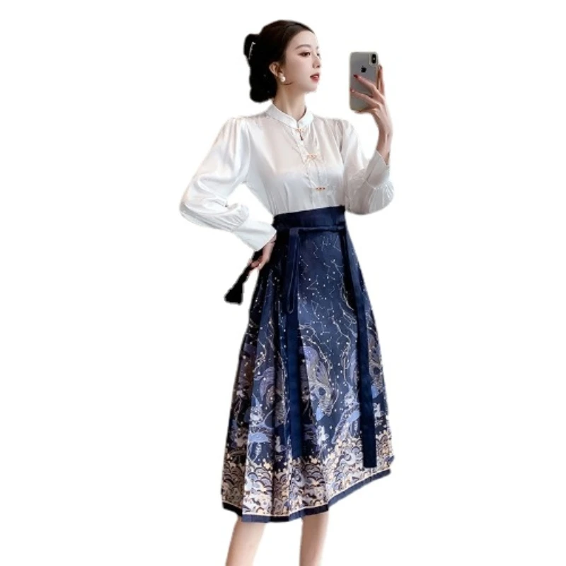 Daily Commuting Horse-Face Skirt Suit Women\'s 2024 Spring and Summer Outfits Two Piece Set New Chinese Style Blouse Hanfu Skirt