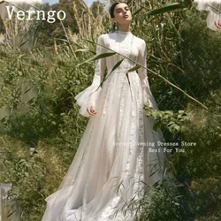 Verngo lvory Tulle Prom Dress For Women High Flare Long Sleeves Formal Party Gowns 2024 Lace Appliques Eveing Dress