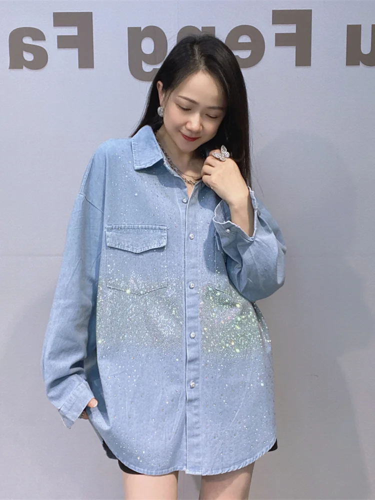 

Fashionable Long Sleeve Diamond Embellished Loose Fit Thin Denim Shirt Women's Spring Autumn New Style Casual Breathable Oute...