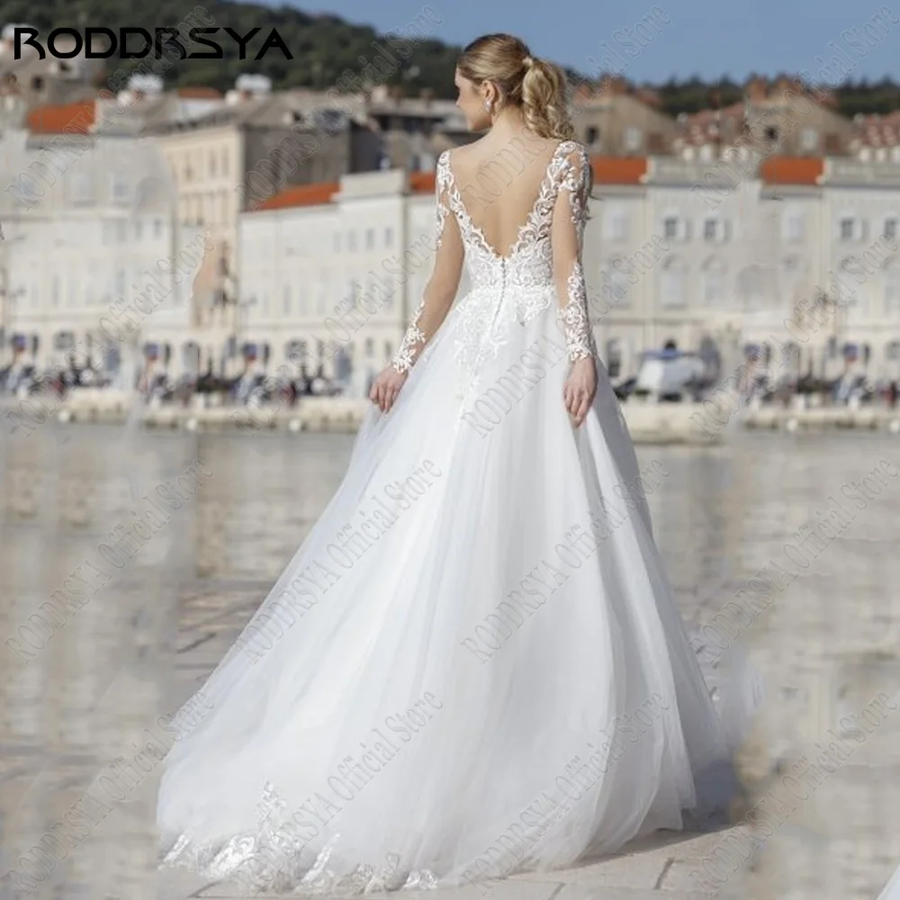 RODRSY Beach Abiti da Sposa Per La Donna Maniche Lunghe Backless Bride Party AbiRODDRSY abiti da sposa da spiaggia per donna maniche lunghe Backless sposa abiti da festa Applique in pizzo a-line civile vestido de noiva