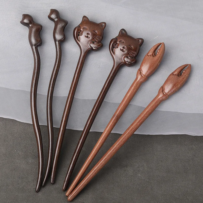 Wooden Cute Cat Bear Butterfly Hairpin Chinese Hairpins Carved Wooden Hair Fork Vintage Chop Stick Headwear For Women