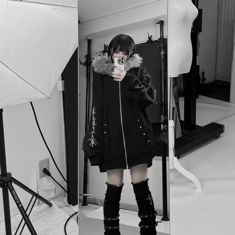 الخريف القوطية الأمريكية الرجعية قلنسوة بسحاب سترة المرأة التطريز إلكتروني تصميم البلوز Harajuku 2000s الملابس الدافئة #4