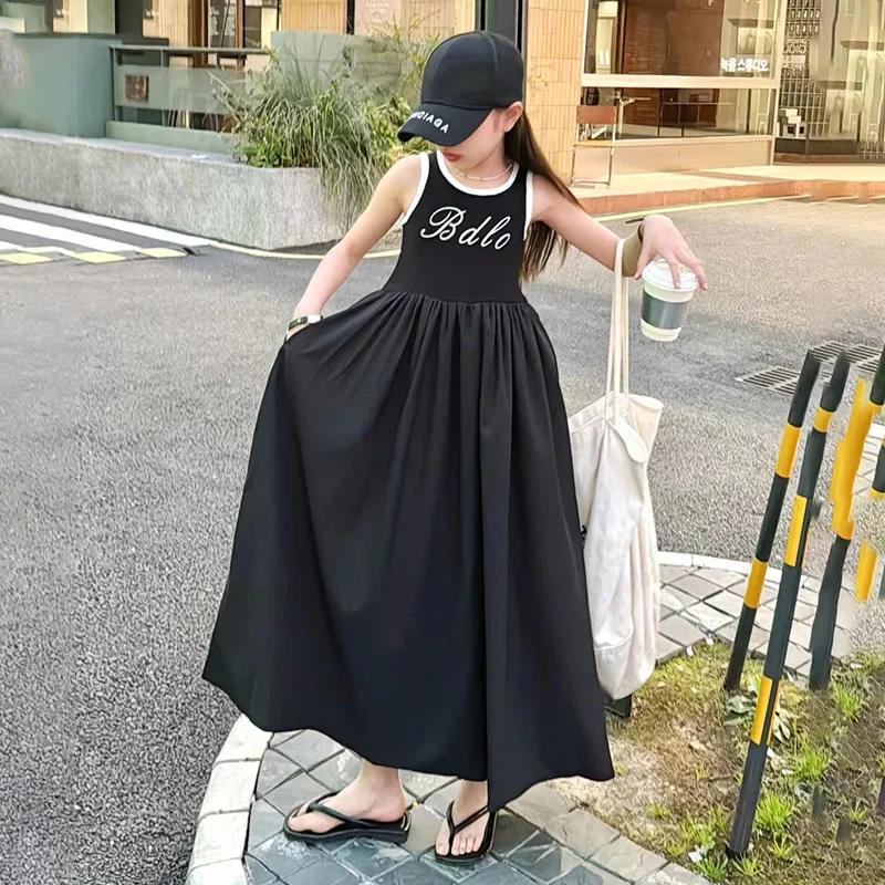 

Girls Vest Dress Casual Simple Slim Waist Patchwork Long Dresses for Kids 2025 Summer 4-15 Years Old Teenage Children Clothes