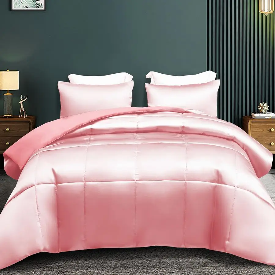 

3Piece Reversible Silky Soft Queen Comforter Bedding Set, Luxurious Satin Comforters Full Size with 2 Satin Pillowcases, Lightwe