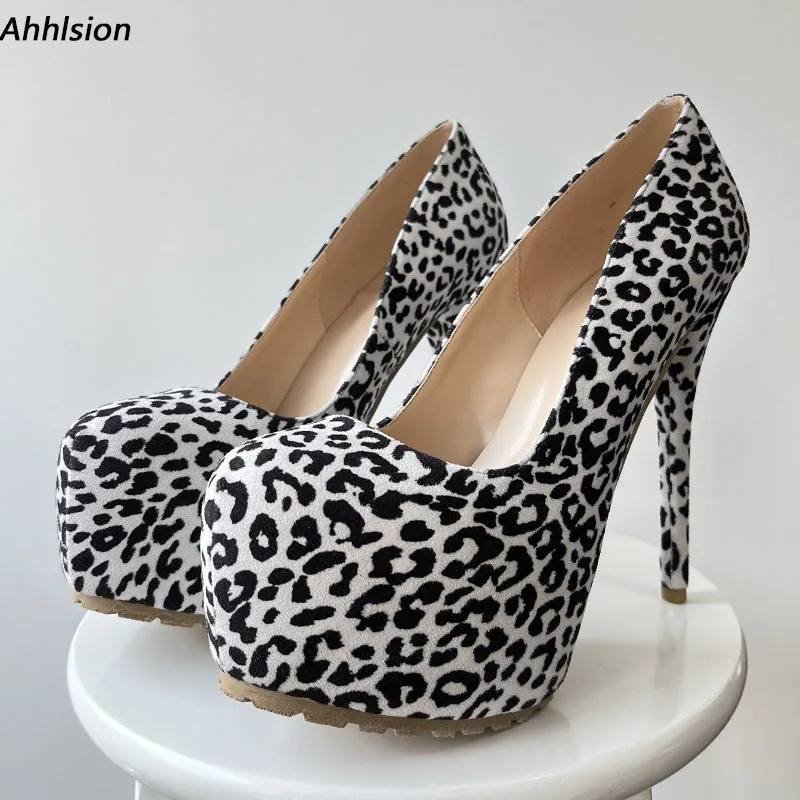 

Ahhlsion High Quality Women Pumps Leopard Stiletto Heels Round Toe Pretty White Party Shoes Ladies US Plus Size 5-20
