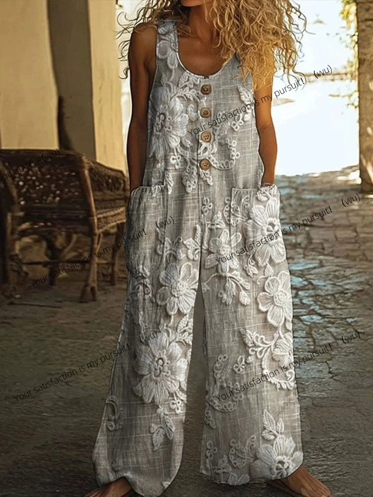 Vintage Print Tasten Ärmellose Overalls Frauen Sommer Neue Mode Temperament Lose Breite Beine Overall Dame Pendeln Kleidung
