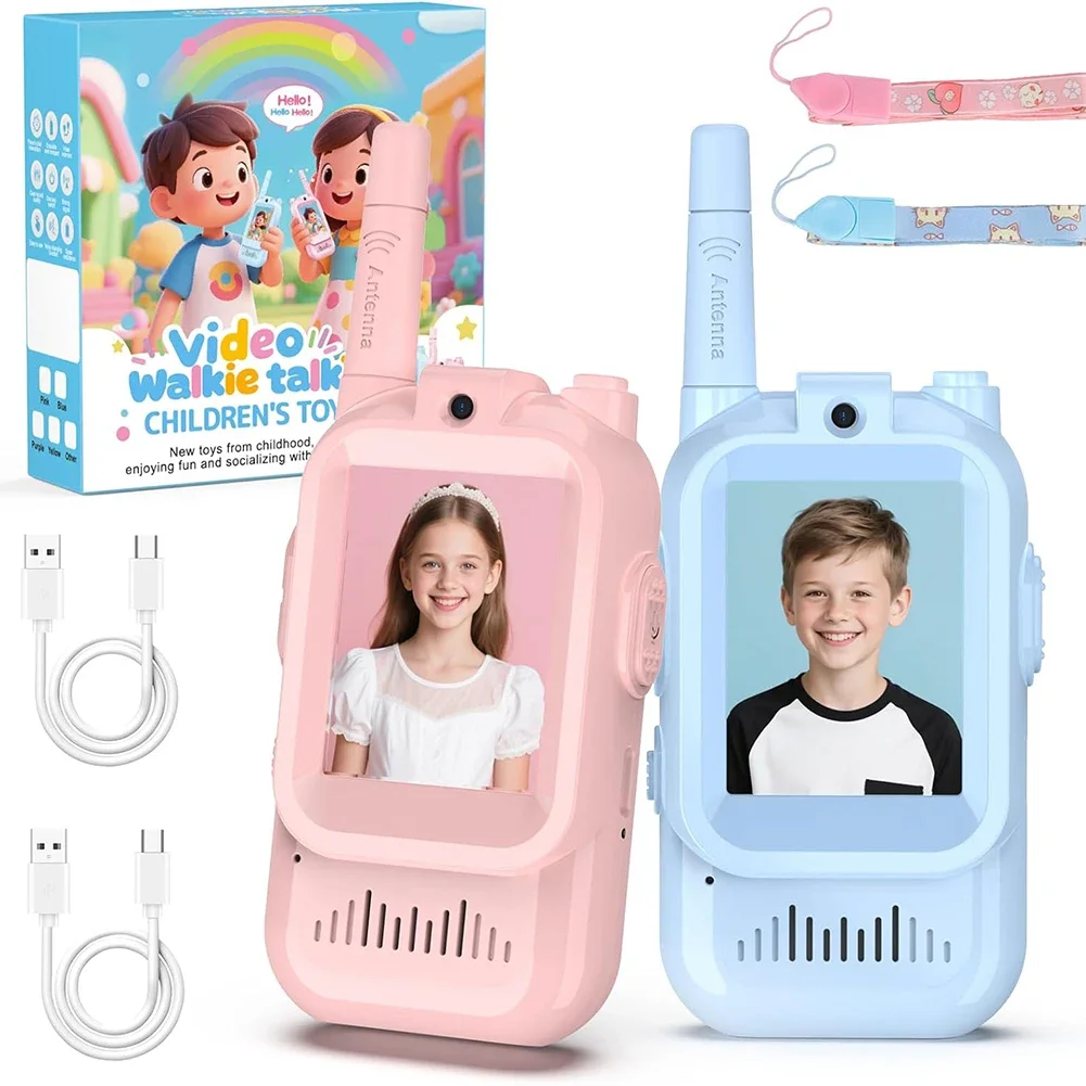 Mini walkie talkie de vídeo para crianças azul rosa bonito recarregável vídeo porteiro divertido trocador de voz com tela grande de 2.0 polegadas