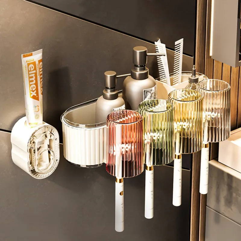 

Tooth Cup Toothbrush Rack Holder Toothpaste Squeezer Wall Hanging No Punching Detachable Strong Load BathroomStorage Accessories