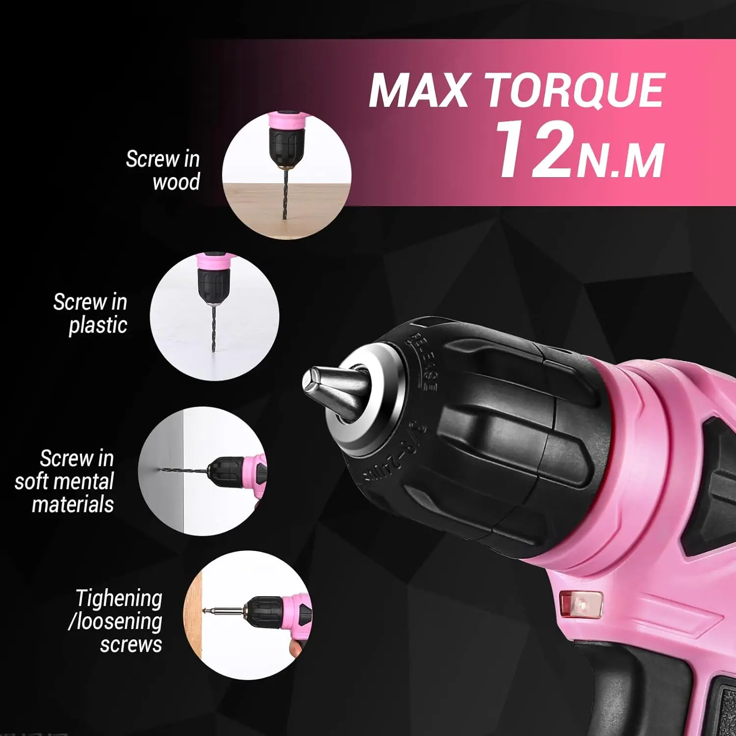 DEKO 8V Pink Cordless Drill, Drill Set with 3/8\