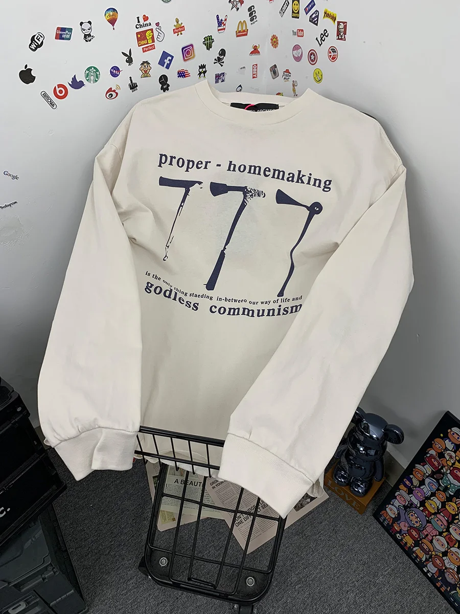 Retro Street Style Men's T-shirt Depressed Second Generation 777 Letter Print Heavyweight Loose Long Sleeve Casual Cotton Tee
