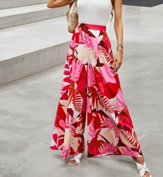 

Summer Print Vacation Style Chiffon Wide Leg Pants Bohemian High Waisted Beach Pants for Women