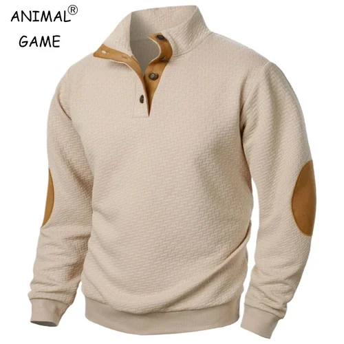 Nueva sudadera informal para hombre, jersey informal de manga larga con cuello levantado y botones, ropa de calle de otoño para exteriores para hombre