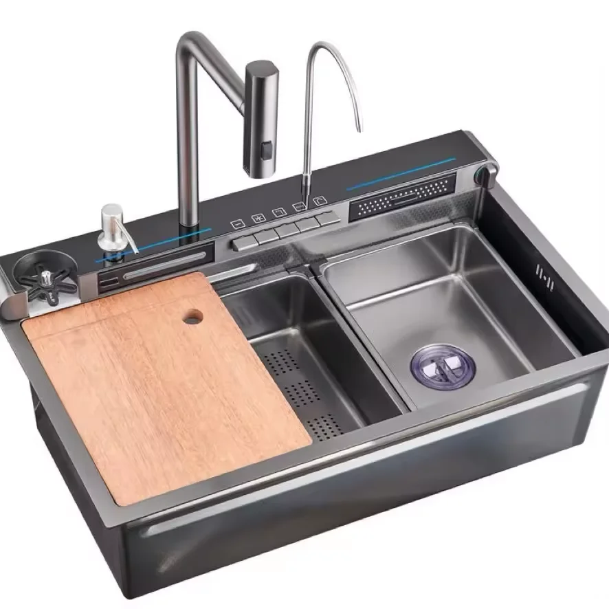High Quality Single Bowl Stainless Steel Kitchen Sink Handmade Digital Display Waterfall Bottom Black Kitchen Sink