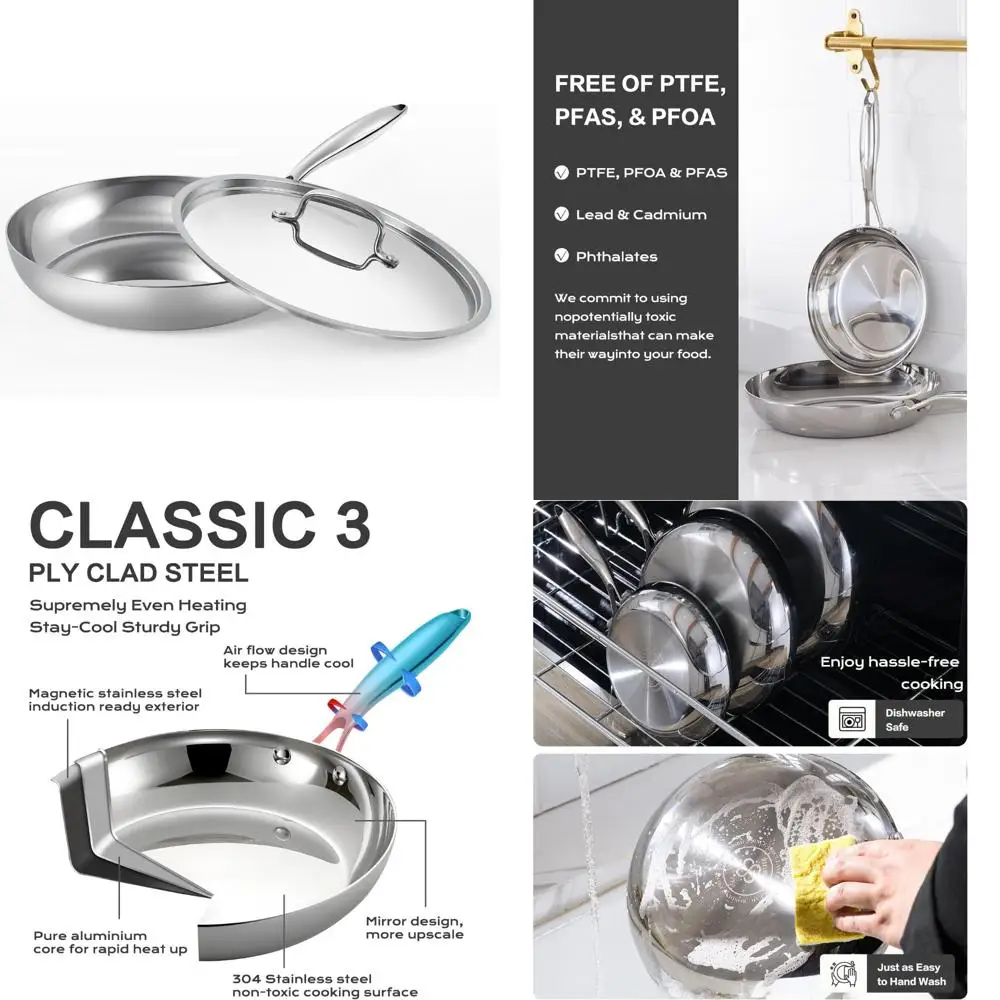 

10 Inch Stainless Steel Frying Pan - 3 Ply Stainless Clad Skillet with Aluminum Core, Durable and Even Heating, Professional Coo