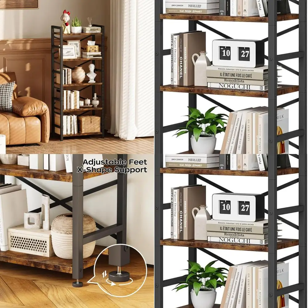 

5-Tier Tall Wood and Metal Bookshelf Organizer, Rustic Brown, Industrial Style Storage for Home