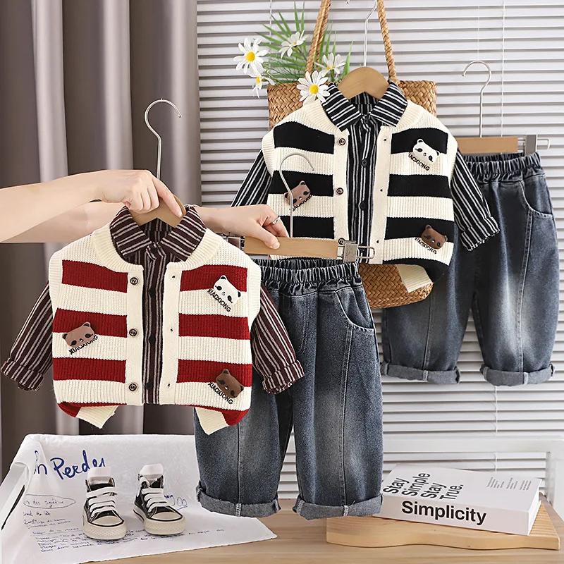 Boys Clorhes Sets Spring Autumn Children Knitted Vest Shirts Denim Pants 3pcs Cute Suit For Baby Tracksuits Kids Outfits Toddler
