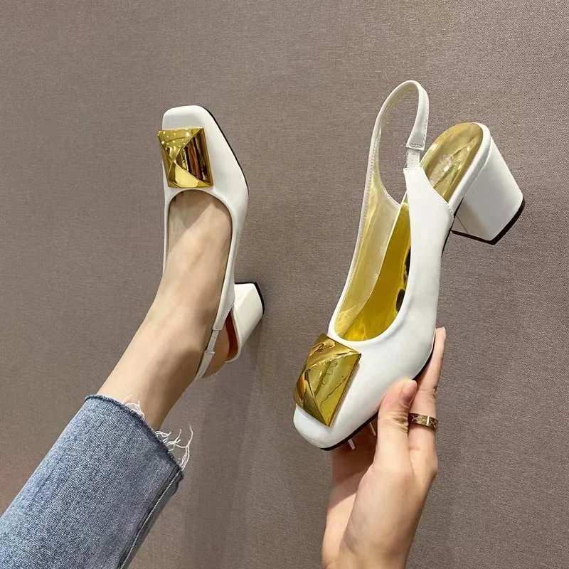 2024 Summer New Metal Square Buckle Baotou Thick Heel Sandals Women Korean Shallow Mouth Slip-On Back Strap Sandalias De Mujer