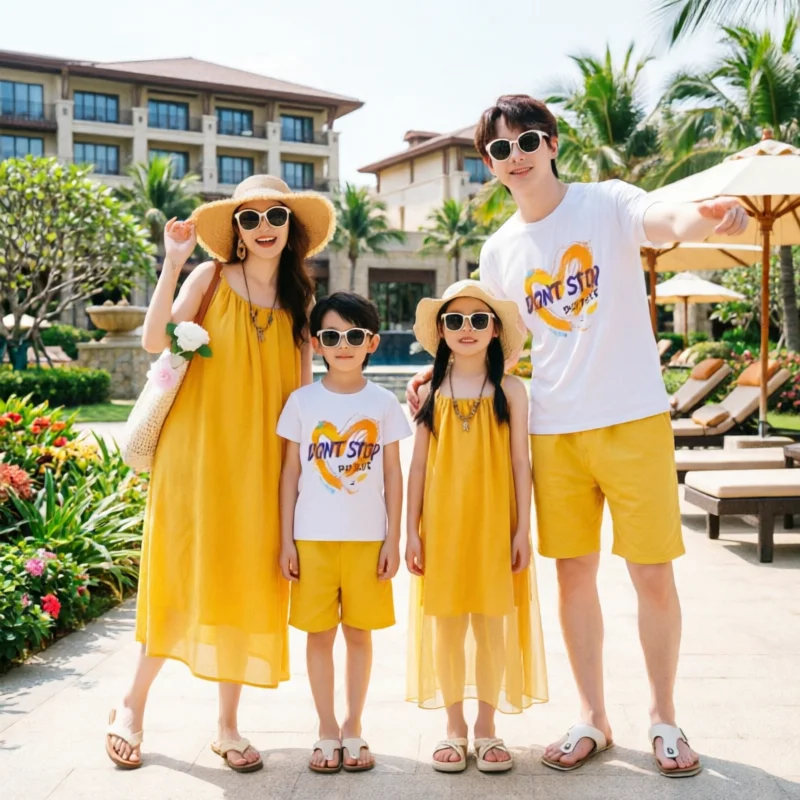 Vacation Family Matching Outfit Beach Mother‑Daughter Girls Yellow Maxi Dress Father‑Son Tops Shorts Sets Holiday Couple Clothes