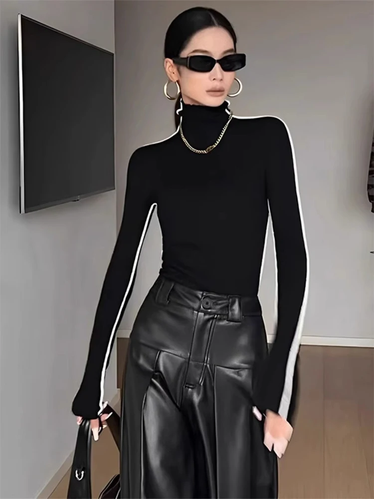 

Women's High Neck Knitted Base Shirt Long Sleeve Slim Fit Inner Wear Outer Wear Black T-Shirt Winter Spring Fashion Design