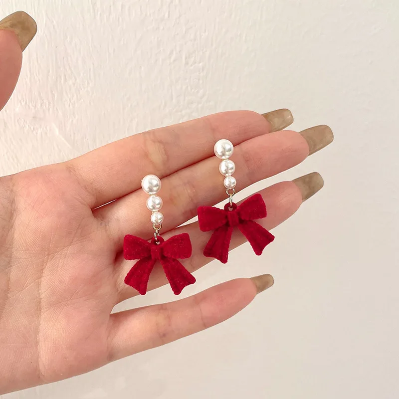 Sweet Bowknots Imitation Pearl Flocked Earrings for Women Girls Trendy Elegant Red Black Ear Accessories Jewelry earring Gift