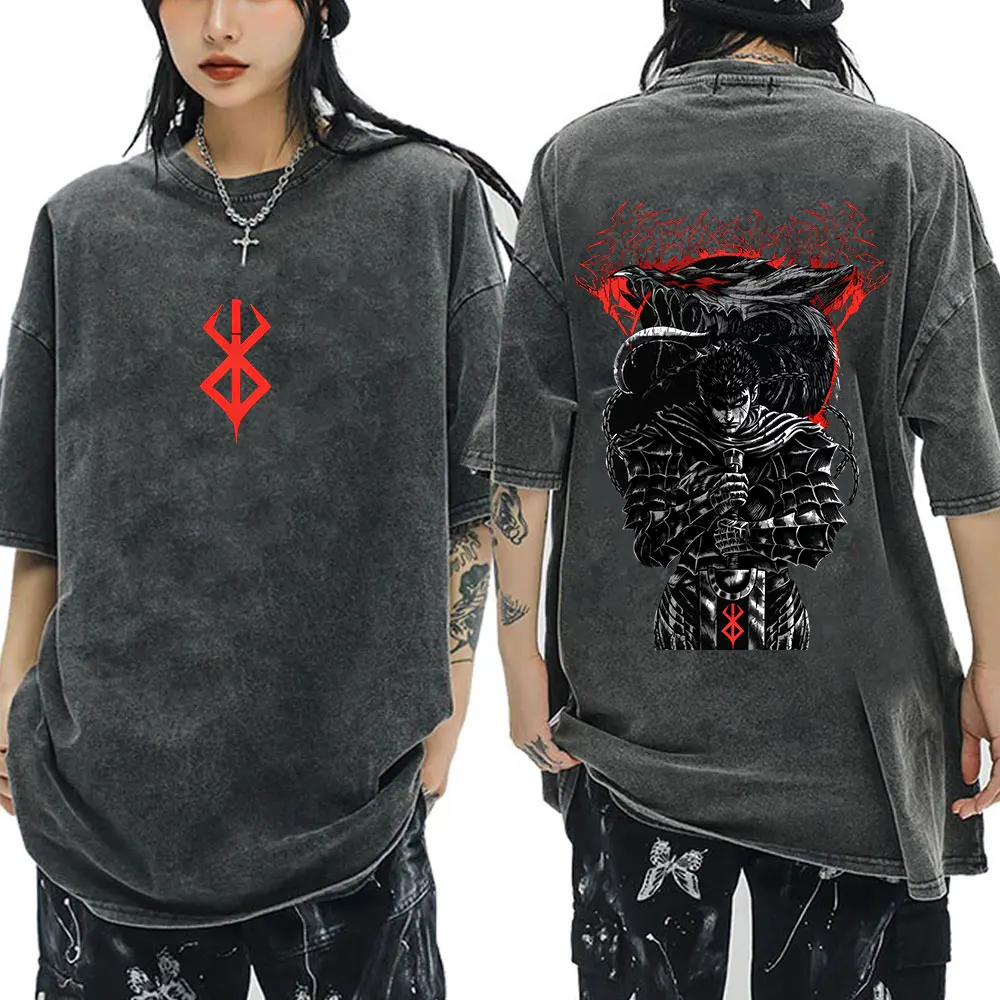 Anime Berserk Guts Griffith Vintage Washed T-shirts Men Women Cotton Casual Oversized Fashion Short Sleeve T Shirts Streetwear