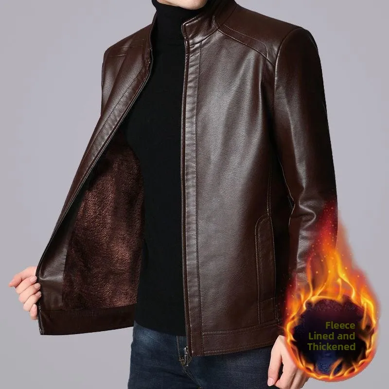 Warm Fleece Lined Stand Collar Men's Leather Jacket Vintage Commute Style Zipper Closure 3D Design Regular Length Sheepskin