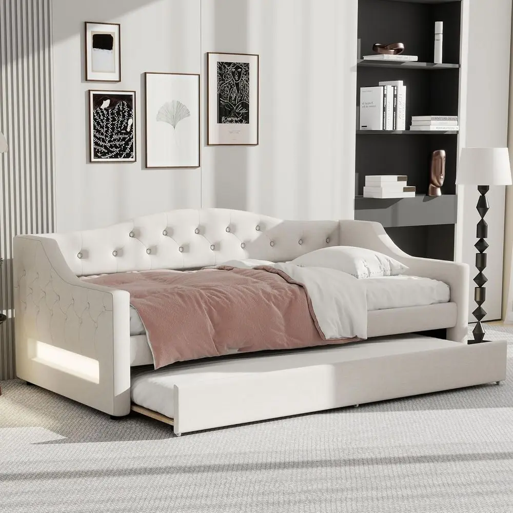 

Upholstered Twin XL Daybed with Trundle and LED Lights, Suitable for Kids, Teens, and Adults, Linen Fabric with Curved Armrests,