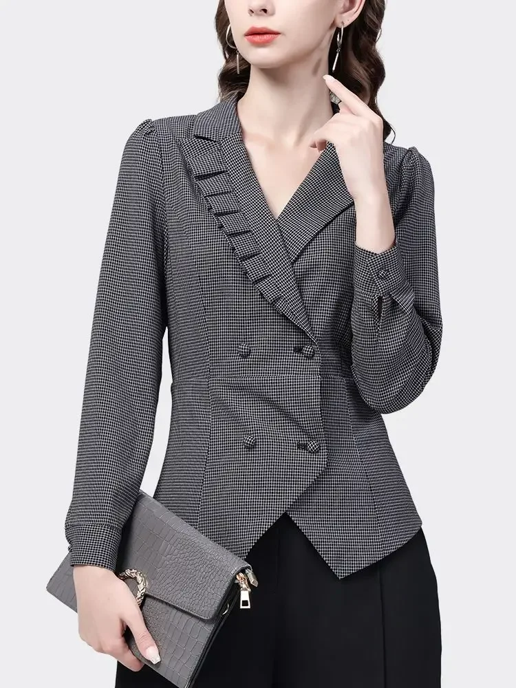 

Женский весенний корейский новый костюм, рубашки в клетку с воротником, модный дизайн, повседневное пальто с длинными рукавами и пуговицами с грибком JJ182
