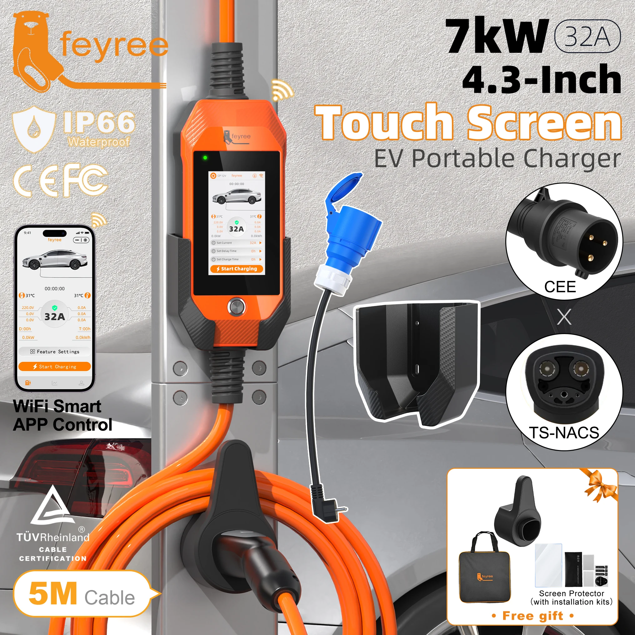 Feyree TS-NACS Socket 7kW 32A 1P Portable EV Charger 4.3 Inch Touch Screen High Power Smart APP WiFi Control for EV Tesla Cars