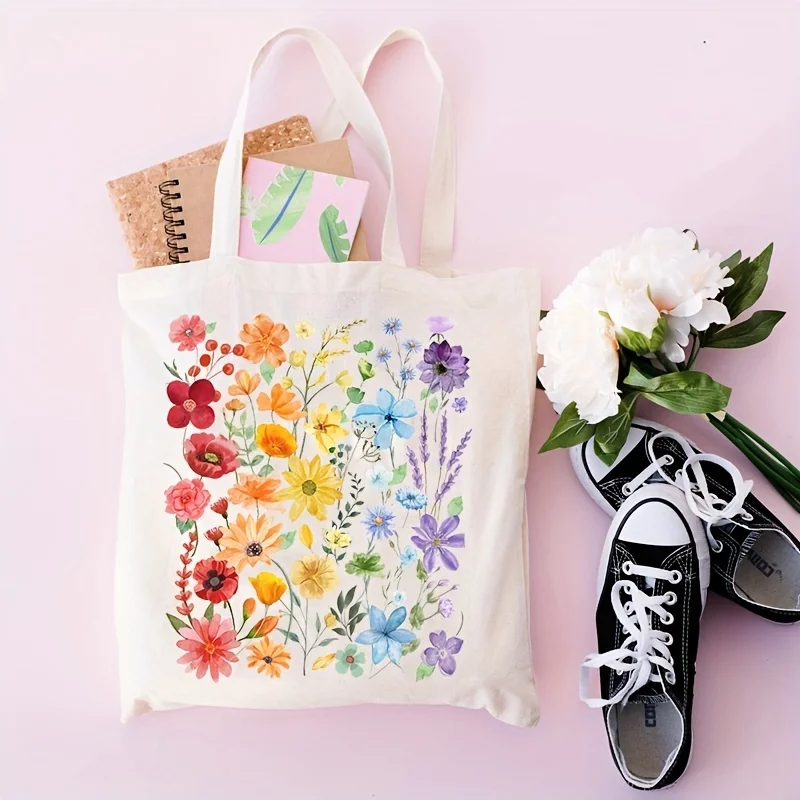 Wildflowers Tote Bag Pattern Canvas Tote Bag Shopping Bags Xmas Ornament New Year Gift for Girls Handbag Student Friend Gift