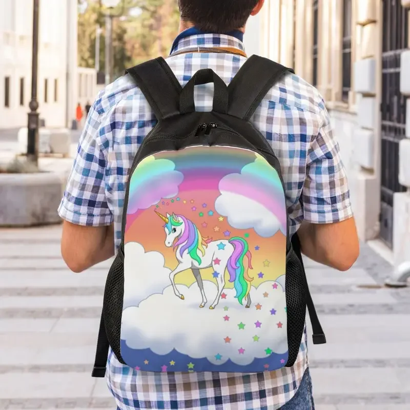 Mochila para ordenador portátil para hombre y mujer, bolsa básica con diseño de unicornio arcoíris y estrellas caídas, ideal para estudiantes universitarios