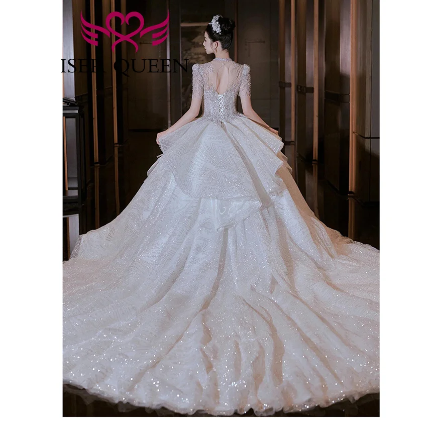 カスタマイズされたクリスタルビーズレースアップリケウェディングドレスボールガウン2025新作高品質シャイニーチュールボールガウンブライダルドレスWX0471