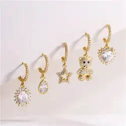 HECHENG,Gold Color Huggies with Bear Heart Pendant Earring for Women Small Star Water Drop Hoop Earrings Charms Jewelry